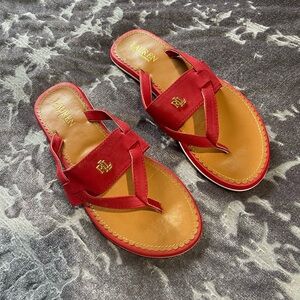 Lauren Ralph Lauren Red Leather Thong Sandals Gold LR Logo Size 8.5 Summer